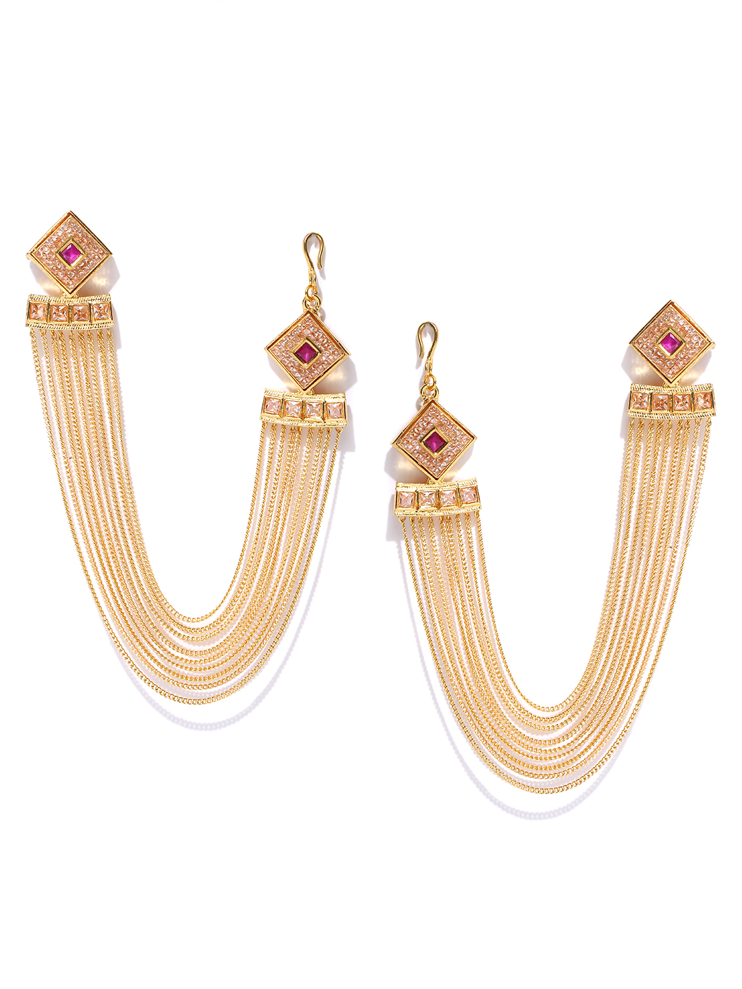 YouBella Gold-Toned  Pink Geometric Studs with Ear Chains